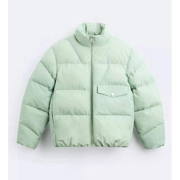 Zara Puffer Jacket Men's Green Mock Neck Long Sleeve Pocket Detail Zip-Up Medium - Picture 17 of 17